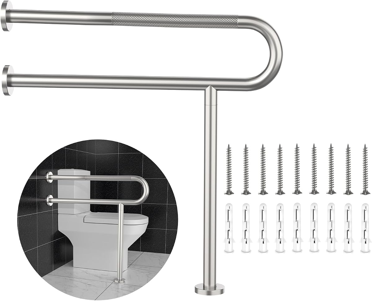 Toilet Grab Bar 32 Inch,YuanDe Wall to Floor Brushed Nickel Safety Grab Bar | Anti-Slip Knurled Grip,Stainless Steel Bathroom Handicap Grab Bar with Leg,Support Bar for Disabled Elderly Pregnant