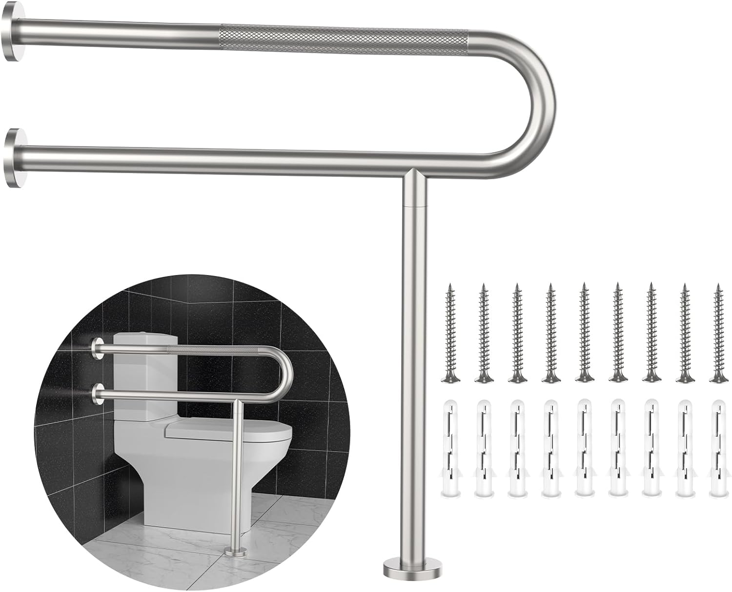 Toilet Grab Bar 31.3 Inch, YuanDe Wall to Floor Brushed Nickel Bathroom Safety Bar w/Anti-Slip Knurled Grip, Stainless Steel Handicap Grab Bar with Leg,Support Bar for Disabled Elderly Pregnant 31.3 IN Brushed Nickel