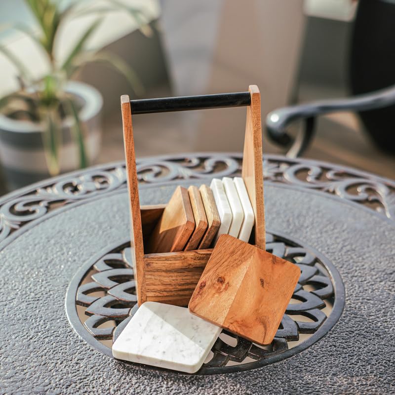 Image of Ireka Home CarryEase Coaster Set with Holder (Set of 8) - 4 Wooden & 4 White Marble Coasters for Tea, Coffee Mugs & Glasses - Home & Kitchen Decor