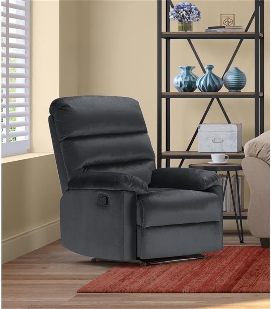 Pemberly Row Recliner Chair, Contemporary Transitional Style, Dark Gray Velvety Upholstery, Generously Padded Seat Back and Arms, Tab Pull Reclining Motion, Comfortable Living Room Furniture