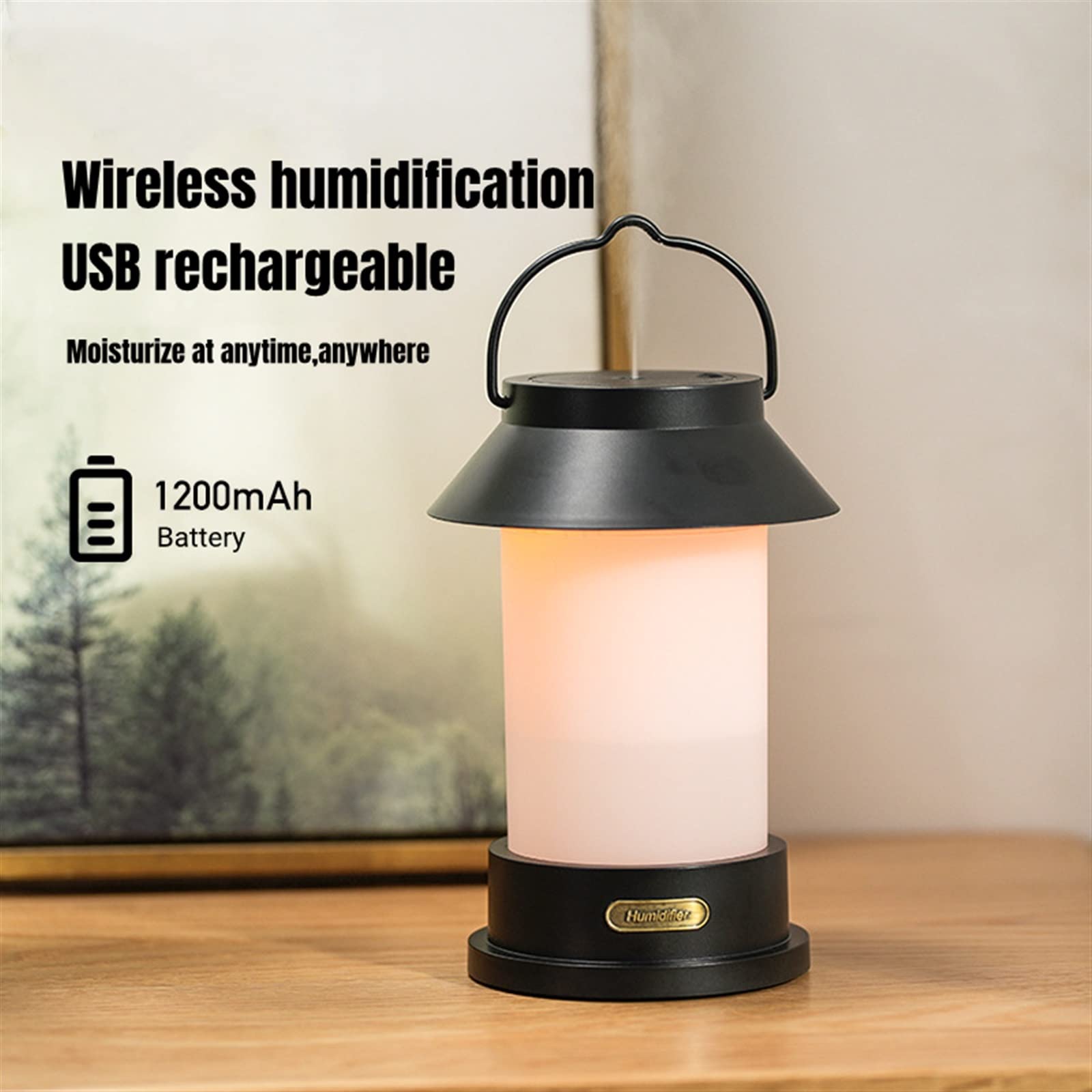Domésticos Humidificadores 1200mAh Humidificador de Aire aromático portátil USB Recargable Retro Lámpara de Camping Inalámbrico Aromaterapia Difusor de Aceite Esencial(Bianco)