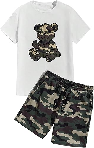 VIPWOLF Men's 2 Piece Tracksuits Set Short Sleeve Cartoon Bear Graphic Tees and 