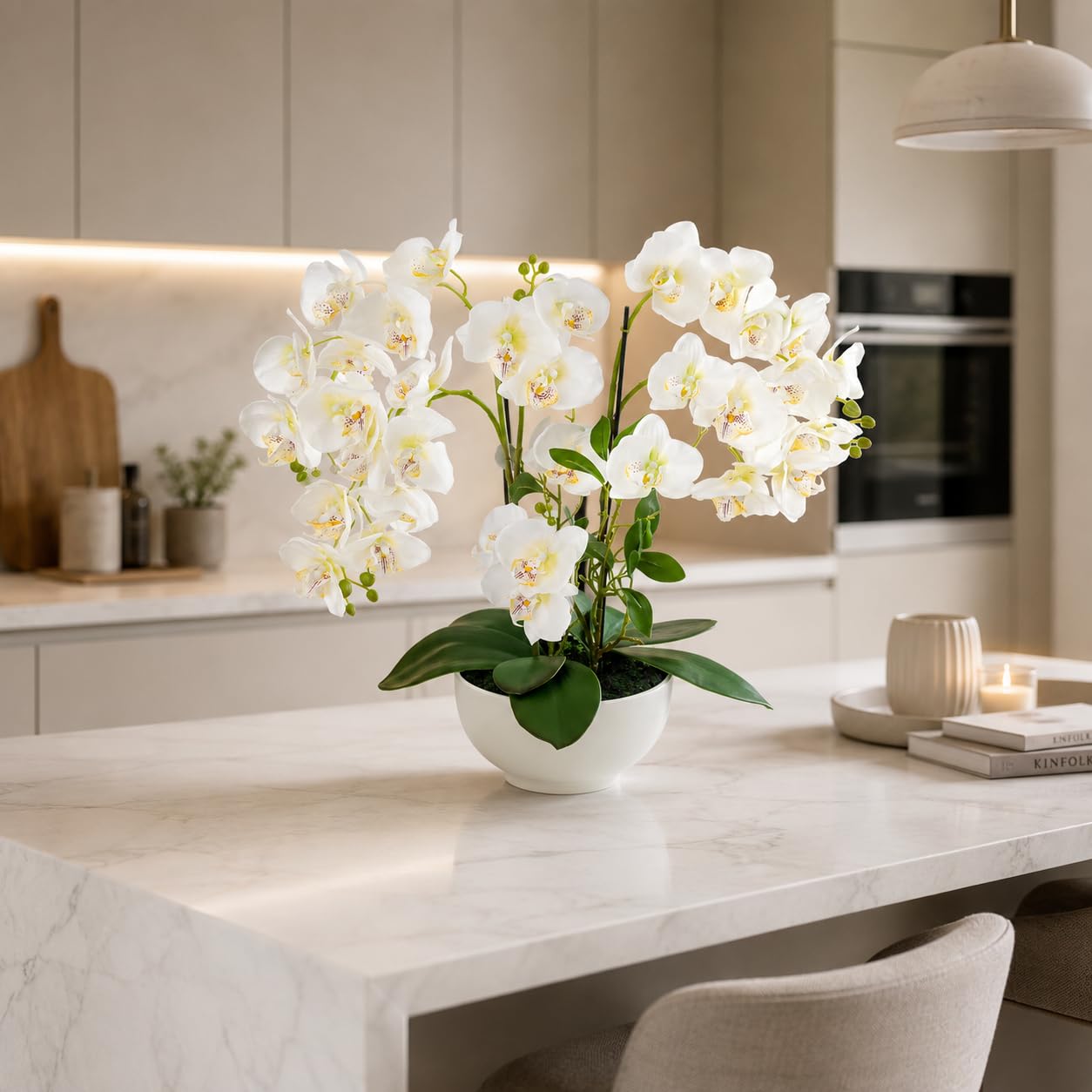 PASCH Orquídea artificial XXL grande (56 cm) en maceta de cerámica brillante | Orquídeas artificiales | Flores artificiales como reales | Orquídeas artificiales en maceta | Flores artificiales en