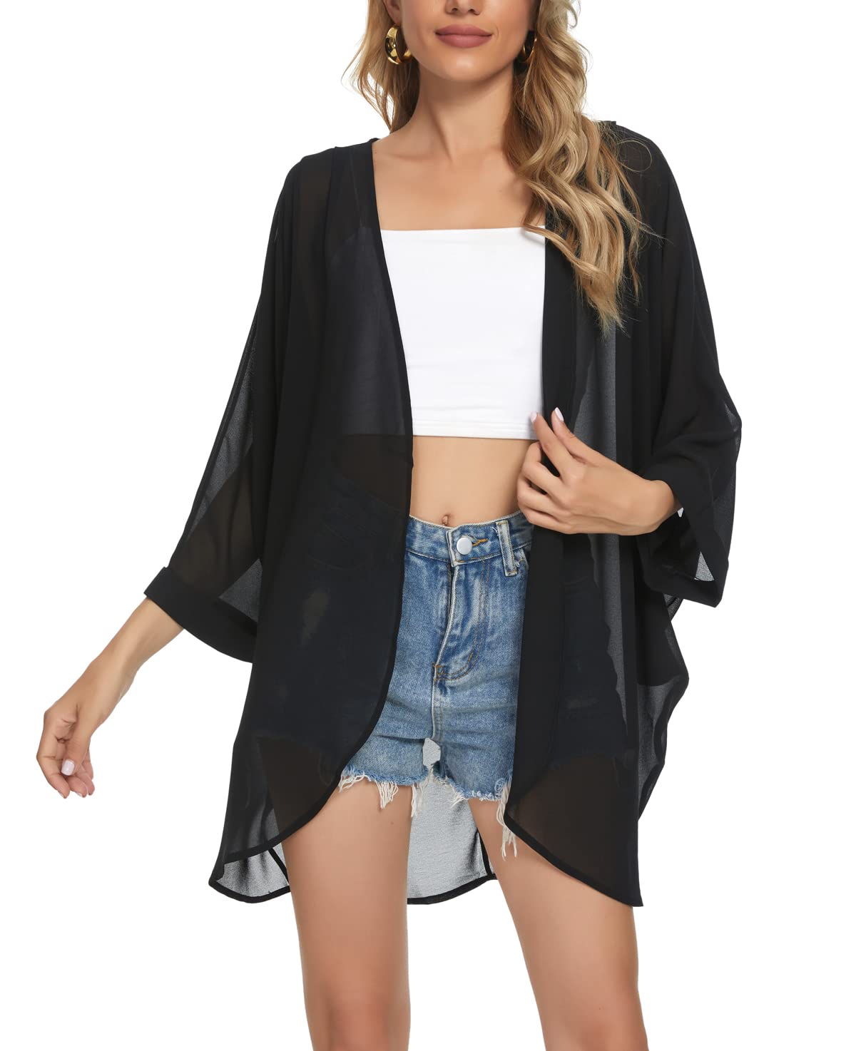 Tribear Women Chiffon Kimono Cardigan Floral Printed Bat Sleeve Casual Capes Beach Cover up