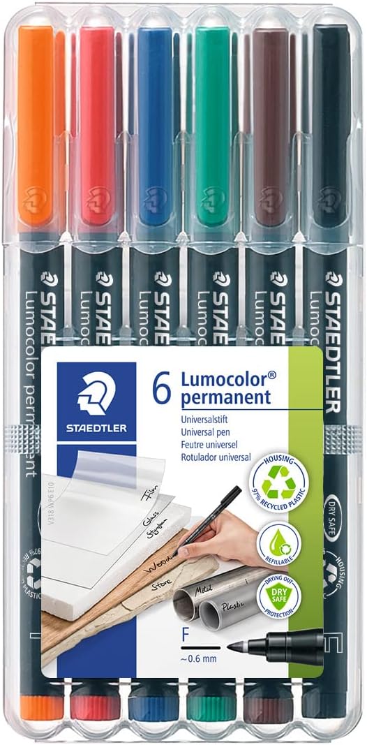 Staedtler Lumocolor Universal Pen, Fine, Felt Tip, Permanent Marker, Box of 6 Assorted Color Pens, 0.6mm 318 WP6