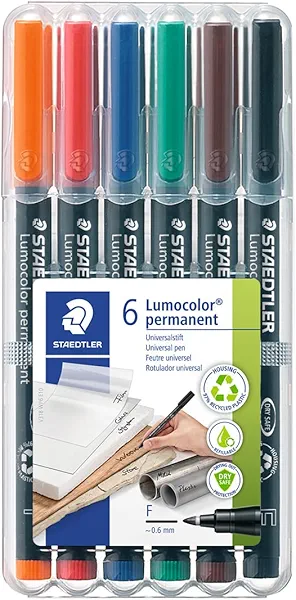 STAEDTLER Lumocolor Universal Pen, Fine, Felt Tip, Permanent Marker, Box of 6 Assorted Color Pens, 0.6mm 318 WP6