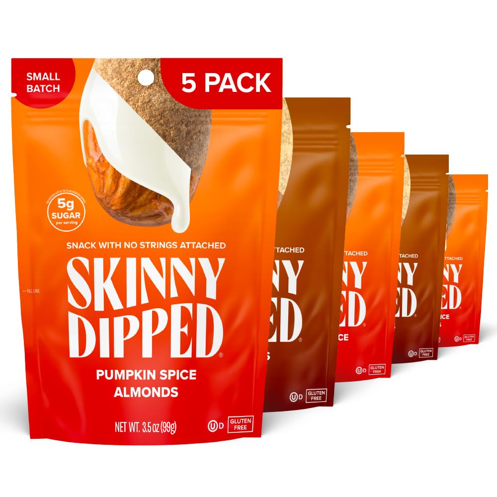 SKINNYDIPPEDMaple Kiss and Pumpkin Spice Almonds Variety Pack Bundle, Healthy Snack, Plant Protein, Gluten Free, 3.5 oz Resealable Bags, Pack of 5, Limited Edition
