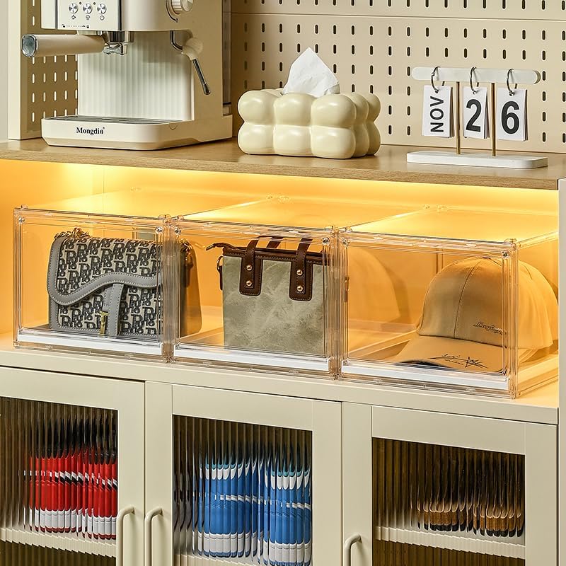 Stackable Clear Handbag Display Case for Closet with Drawers, Acrylic Box Display Case Showcase with Magnetic Door, Plastic Storage Bins Storage Drawers Containers for Organizing - Image 3
