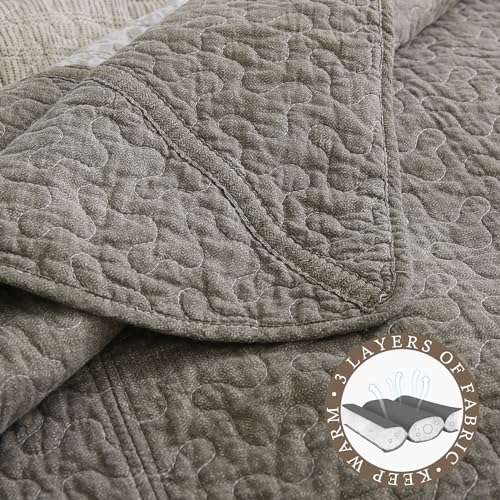 Image of 100% Cotton Oversized King Bedspread 120x120, Textured Stripe | Extra-Wide Coverage, Reversible 3-Piece Bedding Set, Fits Thick Mattresses, Lightweight All-Season Comfort, Farmhouse, Greige