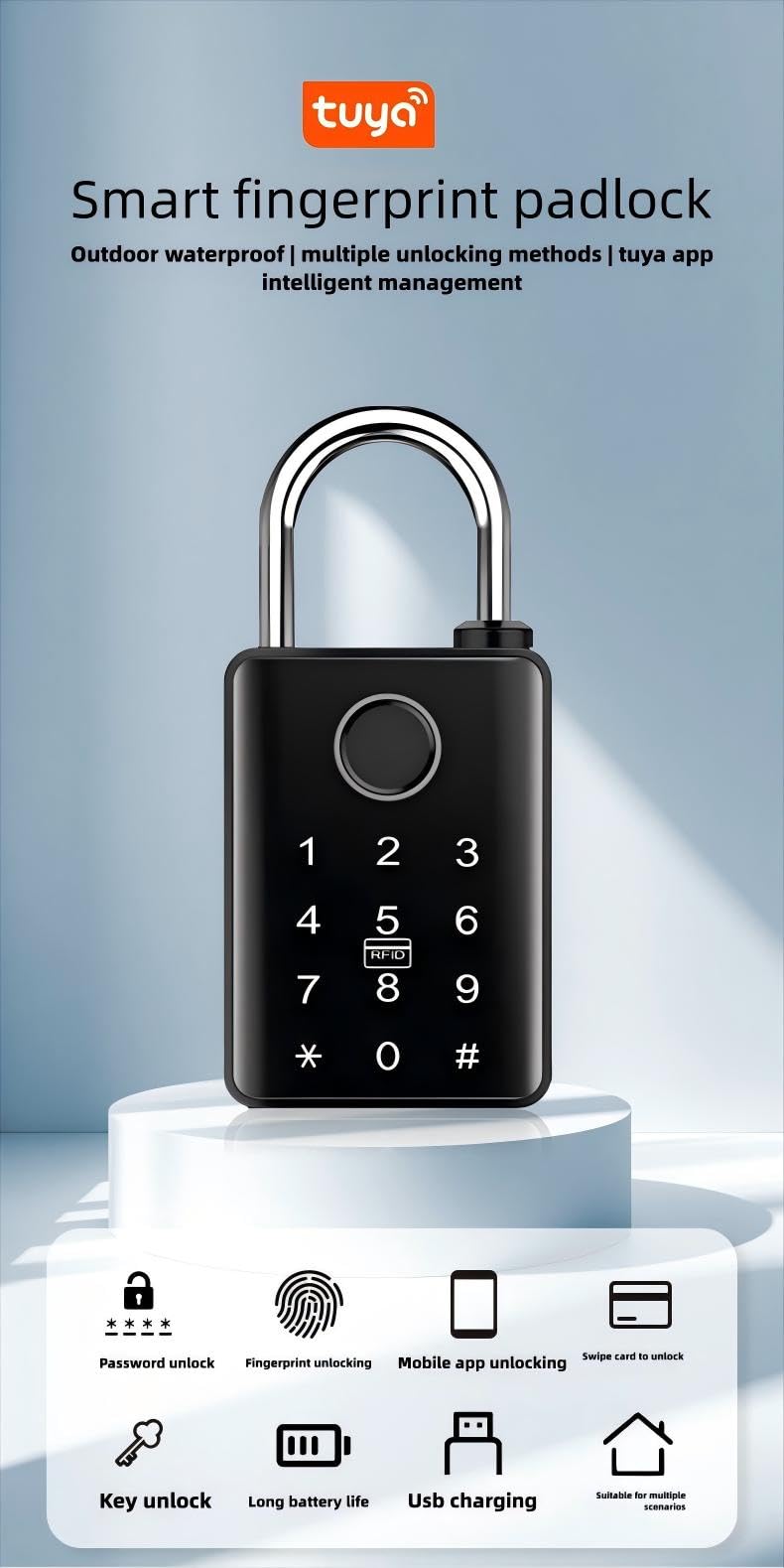 Cadenas à empreinte digitale Graffiti contrôlé par Bluetooth Entrepôt, cour, fourgon bâché Cadenas à empreinte digitale étanche et résistant au soleil pour usage extérieur