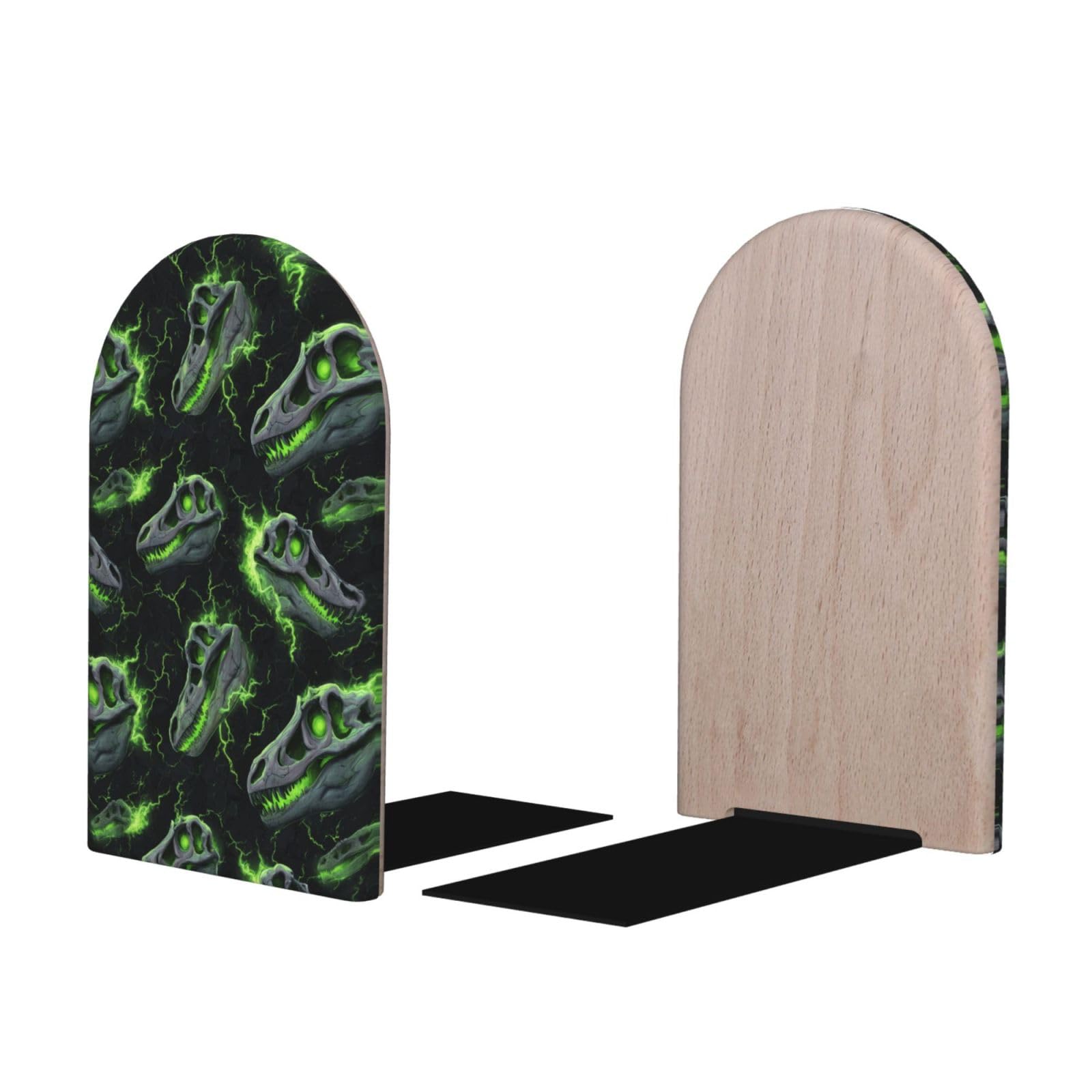 Green Dinosaur Skulls Print BookEnds 1 Pair, Decorative Bookends for Heavy Books, Wood Book Ends for Shelves, Book Organizer for Home Desk Office Supplies