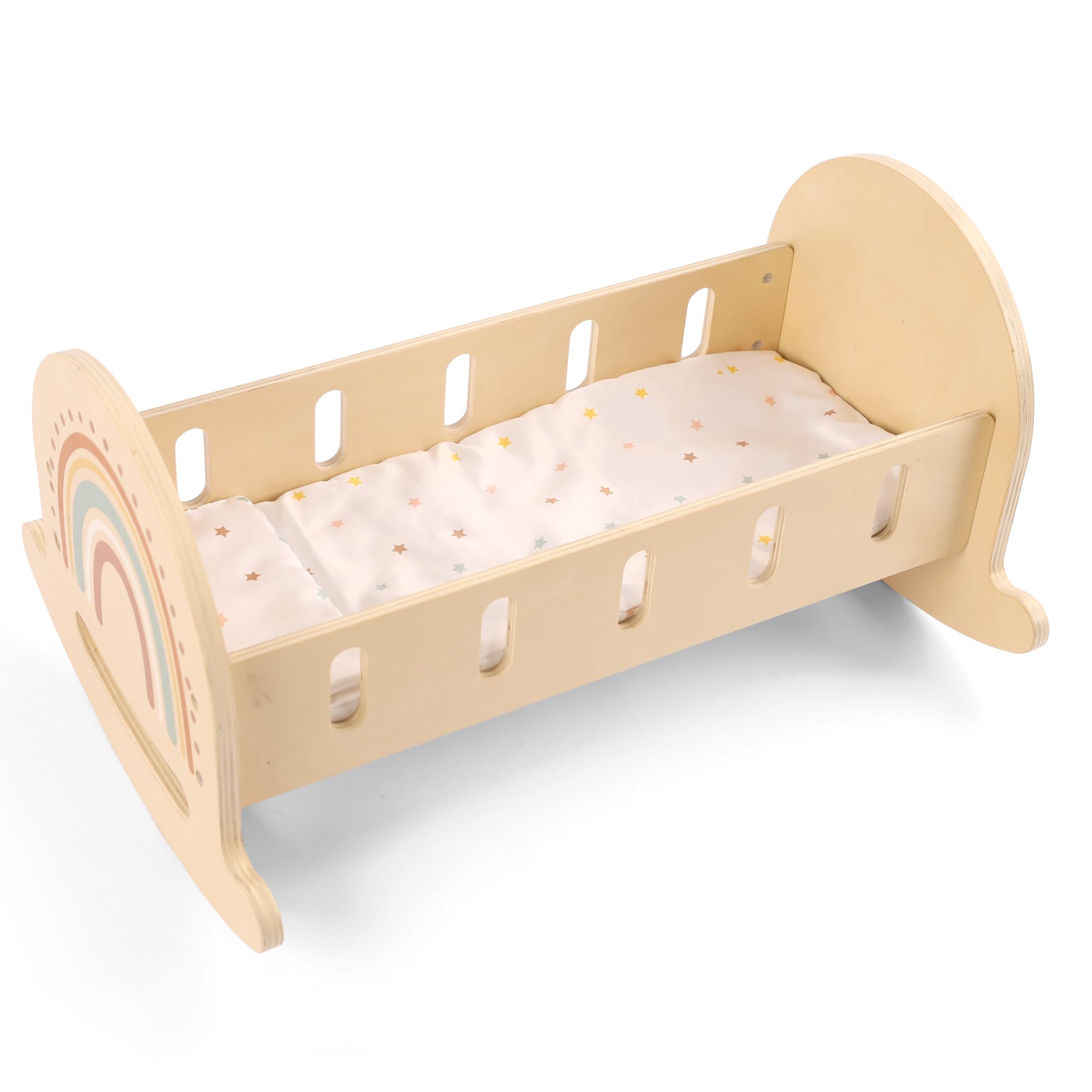 WoddyGo Solid Wood Rocking Doll Crib for 18 Inch Dolls, Wooden Baby Doll Bed with Blanket & Pillow, Classic Pretend Play Toy for Girls Ages 3+