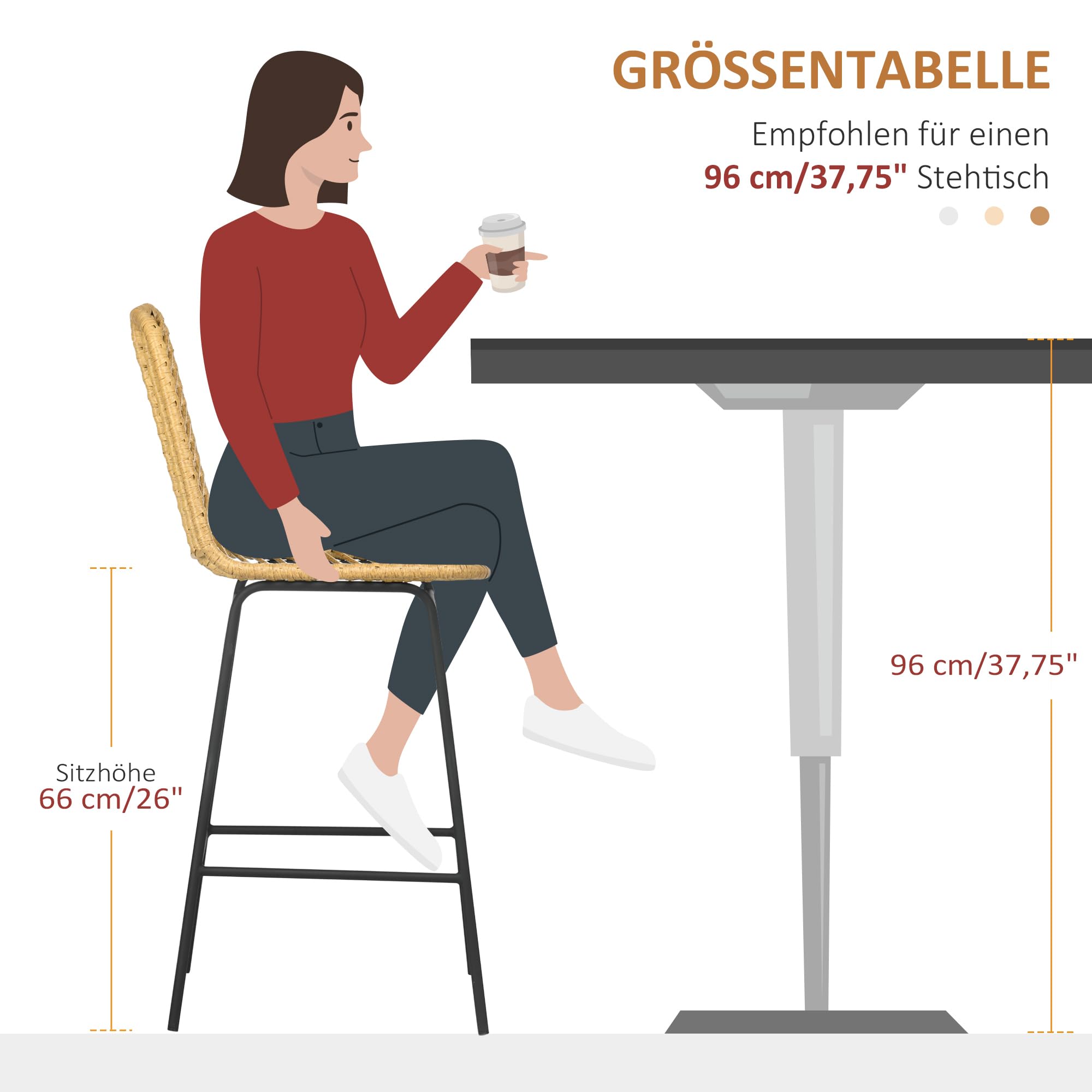 HOMCOM Barhocker 2er Set, Barstuhl mit Gestell aus Kunstrattan, Rückenlehne, Küchenstühle mit integrierter Fußstütze, Tresenhocker für Küche, Wohnzimmer, Esszimmer, Boho-Stil, Gelb