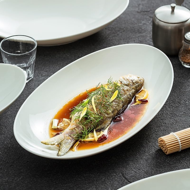 Platos De Postre platear de pescado al vapeur chino preparación ovalado restaurante hondo cerámica hotel Vajilla De Cena(9inch)