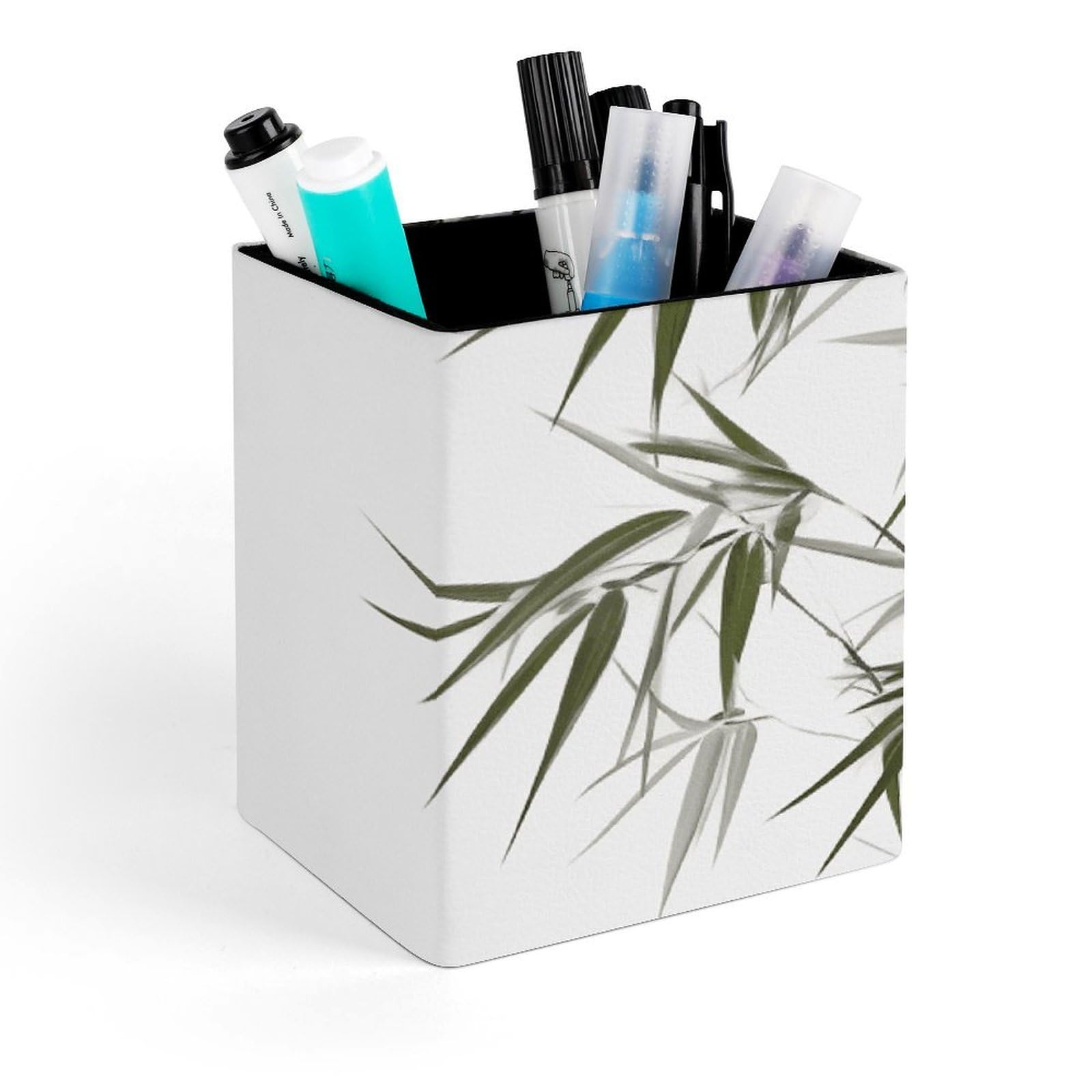 FekiLoot Asian Bamboo Pencil Holder Square Leather Pen Holder Cup Modern Multi-Functional Pencil Cup Holder Decorative Desk Organizer Caddy Makeup Brush Holders for Desk Office