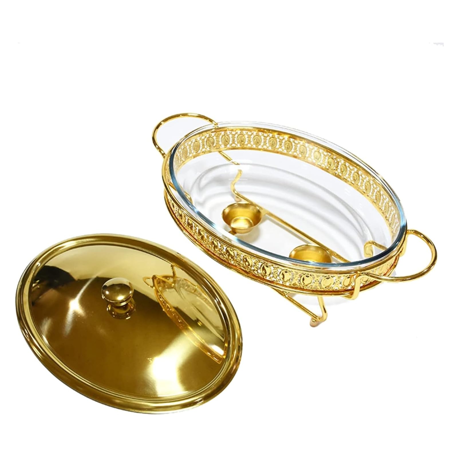 JOMRTS Chafing Dish Buffet Set, Glass Catering Food Warmers with Food Pans, Fuel Holder, Pot Lid and Bottom Stand for Wedding, Parties, Banquet (Gold 2L)