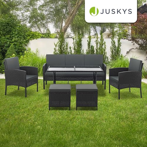 Juskys Polyrattan Gartenmöbel Sitzgruppe Turin Set 6 teilig - 7 Personen - Outdoor Möbel mit Sessel, Hocker, Tisch & Kissen - Loungemöbel Schwarz