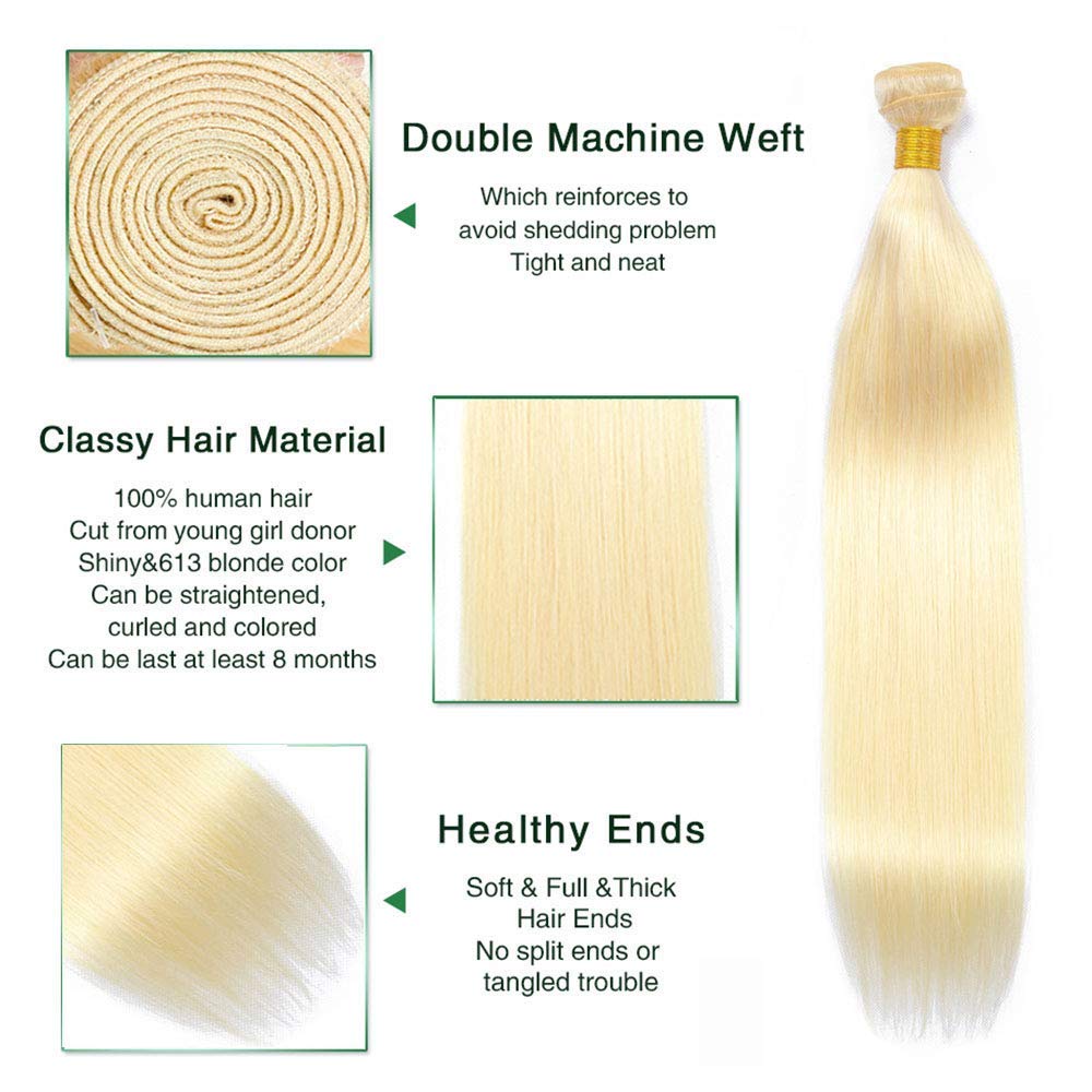 8-40 Inch 613 Blonde Bundles With Frontal 1 3 4 Bundles Straight Hair  Bundles with Closure For Black Women 34 36 38 Inch Remy Human Hair Weave  (14 16 18 with 12inch,