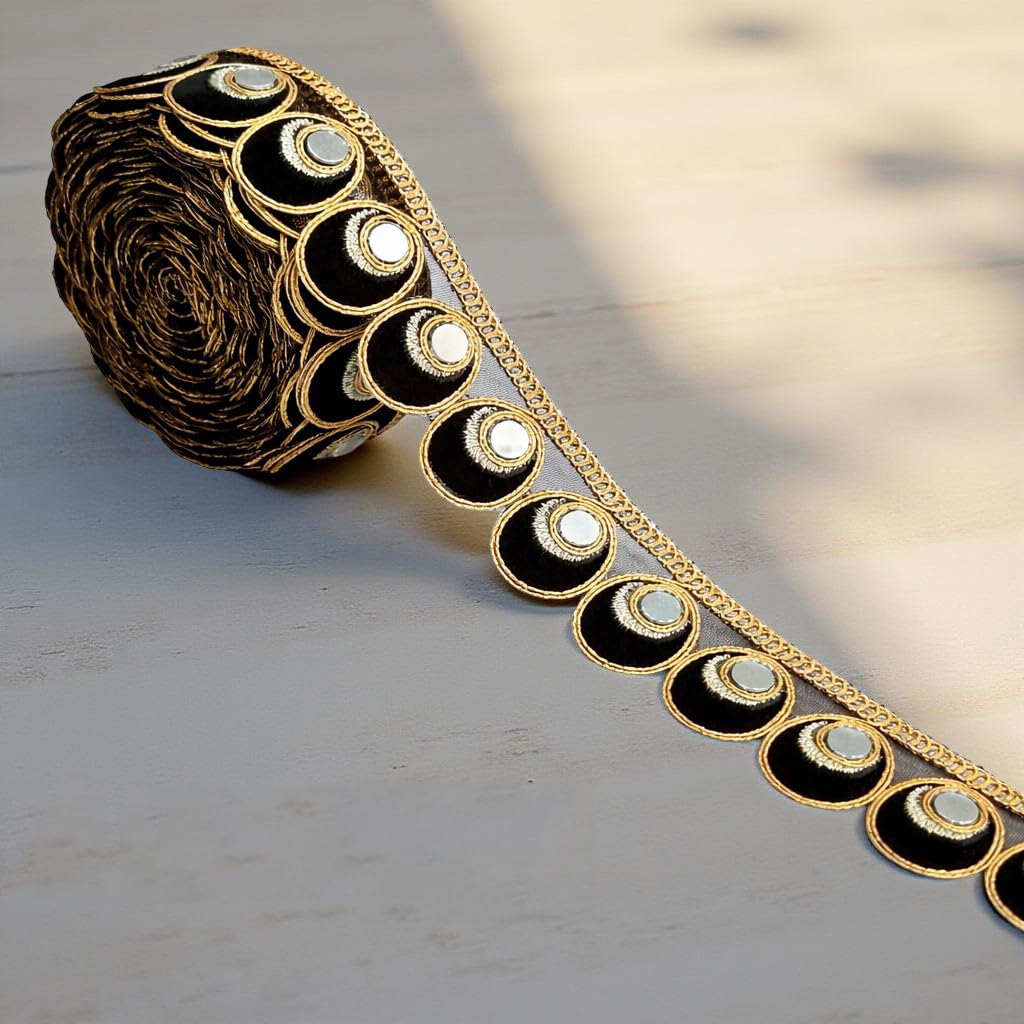 Chahat Lace Mirror Work Saree Laces Borders Material Black Thread Embroidery Gold Zari Gota Patti Ribbon Trim Sewing Reel for Suit, Dress, Dupatta, Blouse, Lengha, Kurti, Hijab, Crafts & Home Decoration.9Meter (Black)-image-5