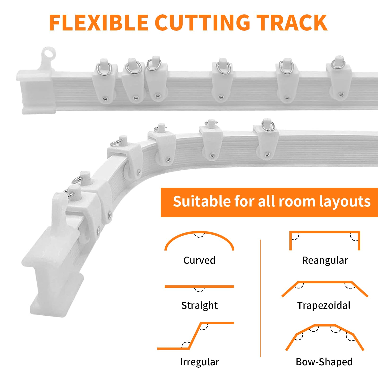 5 m Binario Curvo Tende a Soffitto, 110 Pcs Sistema di Binario Flessibile e Montaggio Accessori, Kit di Binari per Parete Finestre Stanze Divisore Tenda Doccia, Bianco (B)