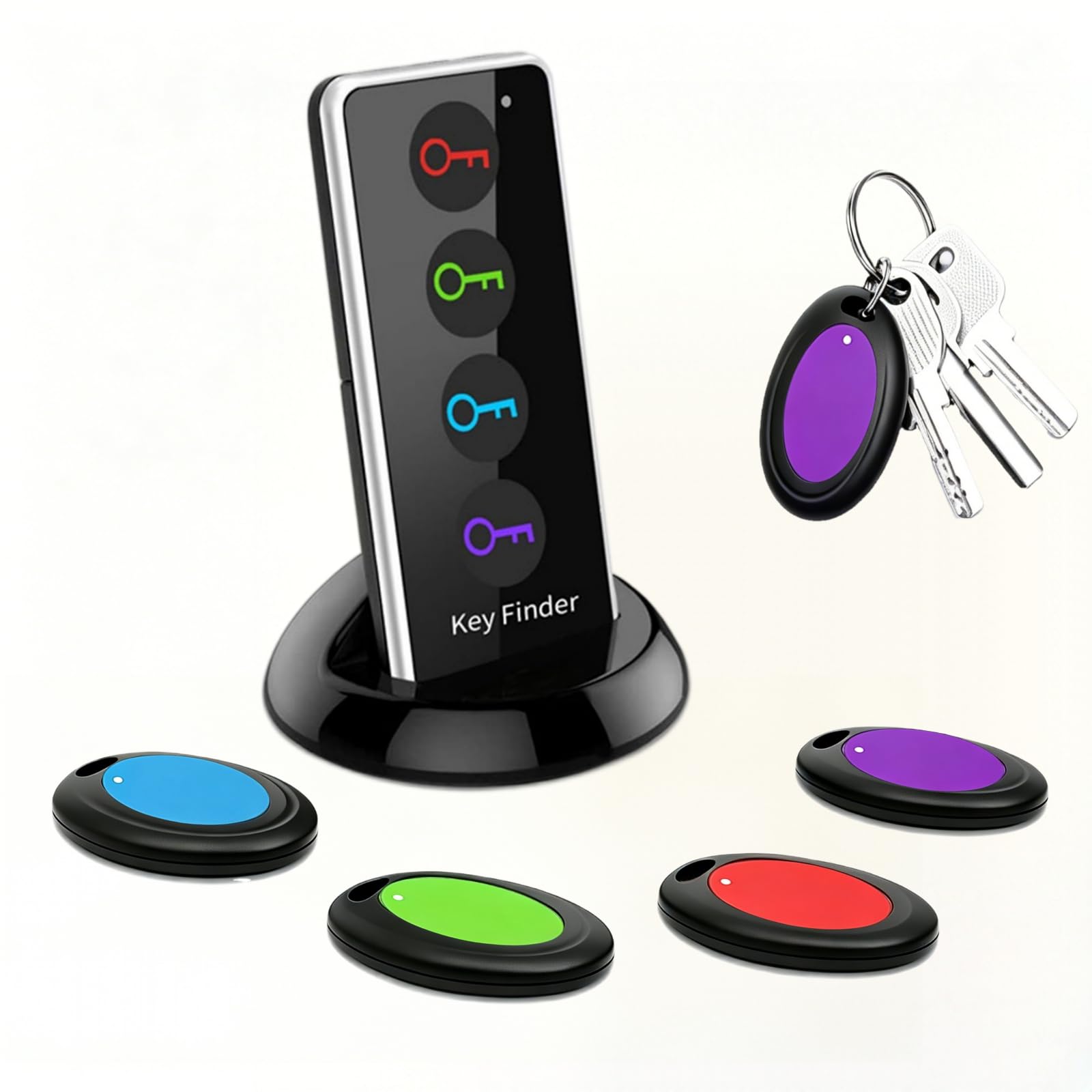 Key Finder Wireless Bluetooth Tracker - Locator Tags Key RF Locator Item Anti-Lost Tag Alarm Reminder, 1 RF Transmitter 4 Receivers, Remote Control for Finding Pet, Wallet and Keys