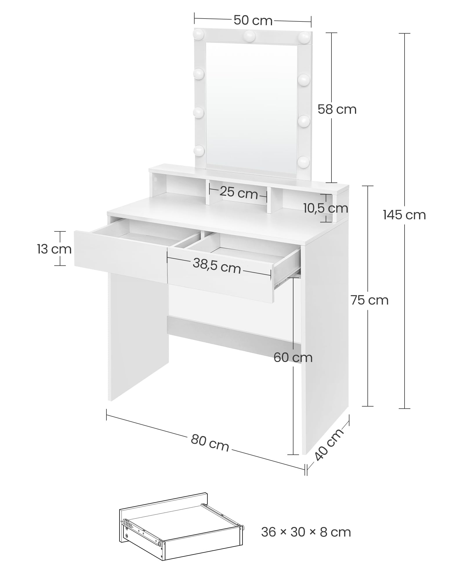 VASAGLE Kailyn Kollektion - Schminktisch mit LED-Beleuchtung, einstellbare Helligkeit, Frisiertisch mit Spiegel, Kosmetiktisch mit 2 Schubladen und 3 offenen Fächern, weiß RDT114W01