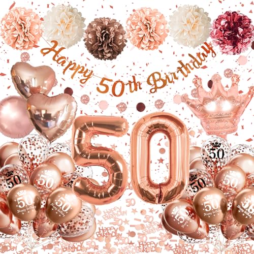 Decoracion 50 Cumpleaños Mujer, Globos 50 Cumpleaños Oro Rosa con Globos de Corazón Corona, Guirnalda Happy 50th Birthday, Pompones de Papel, Decoracion Fiesta 50 Cumpleaños Mujer