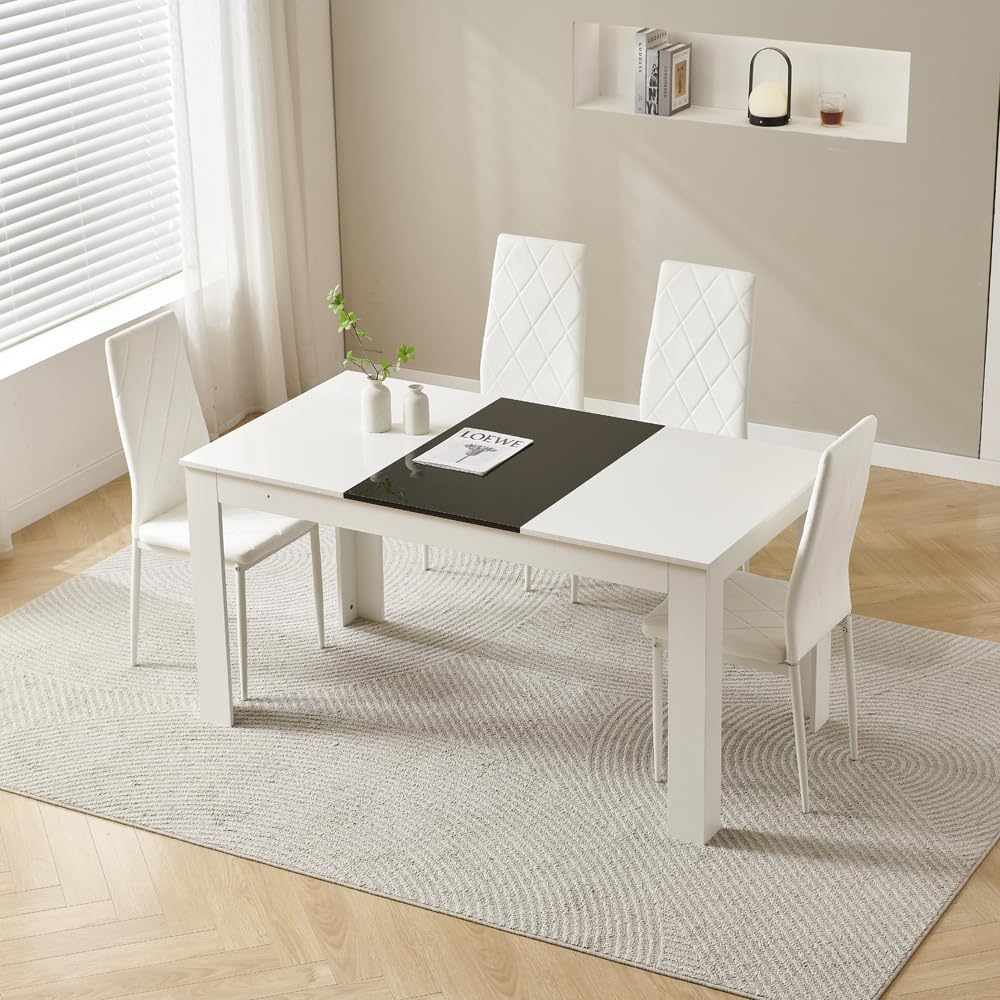 Rainbow Tree 150cm Large Dining Table Set of 4, Modern Dining Table with 4 White Velvet Dining Chairs for Dining Room, Kitchen Set for Family Wooden