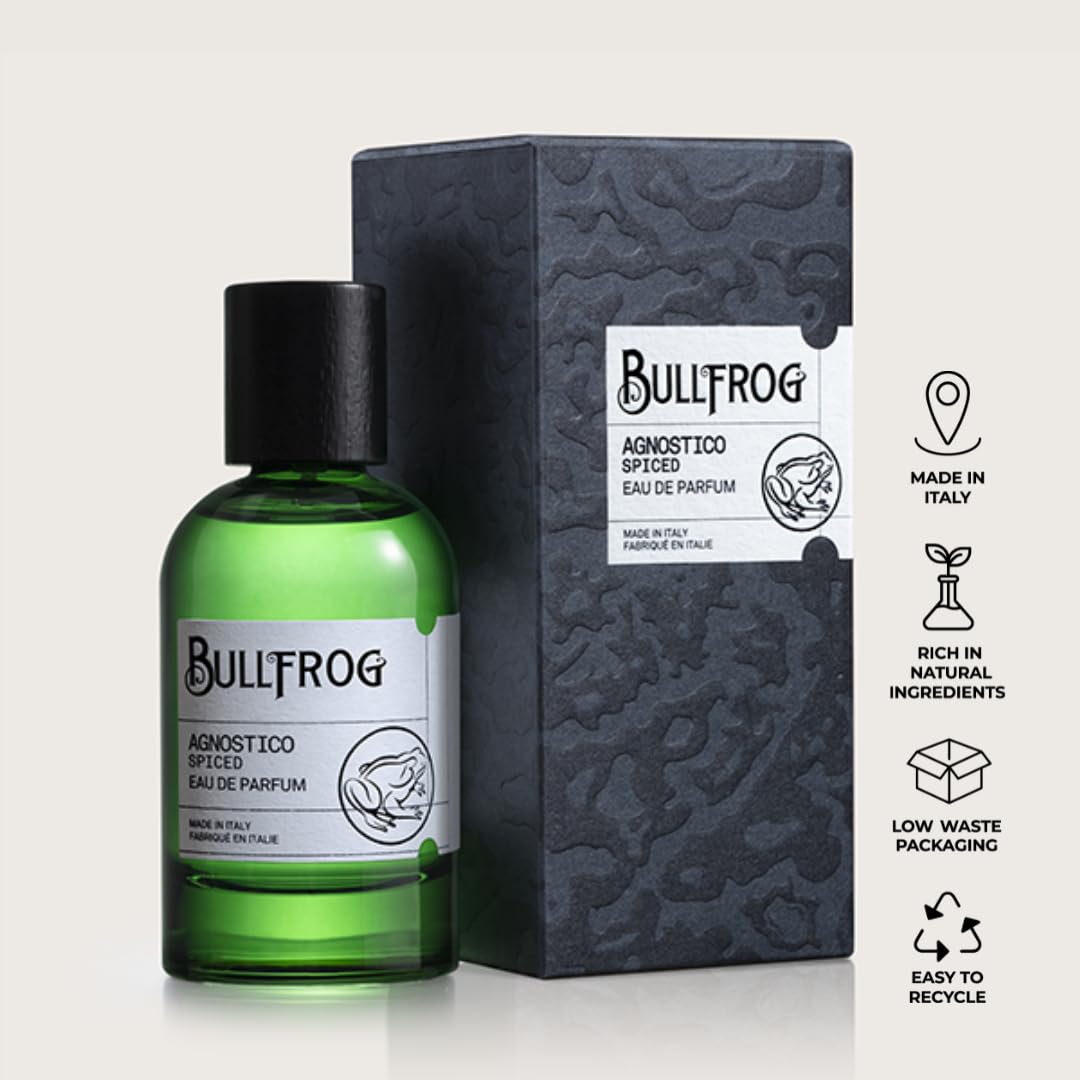 Bullfrog Eau de Parfum Agnostico Spiced 100 ml – Parfum pour Homme, Notes de Poivre Rose, Thym, Anis Étoilé, Bois de Cèdre et Gaïac, Fabriqué en Italie