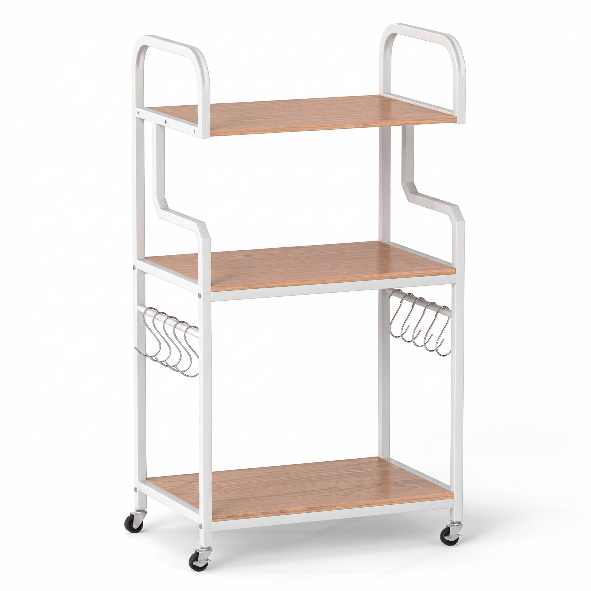 GIANTEX 3 stöckiger Druckerständer, Druckertisch mit 3 Ablagen, Rollen & 10 Haken, mobiles Druckerregal Metallrahmen für Drucker, Scanner & Fax, Druckerwagen für Arbeitszimmer & Büro (Natur)