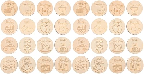 Tofficu 32pcs etiquetas redondas de madera etiqueta de almacenamiento de juguetes discos de madera redondos adorno de círculo de madera para caja de