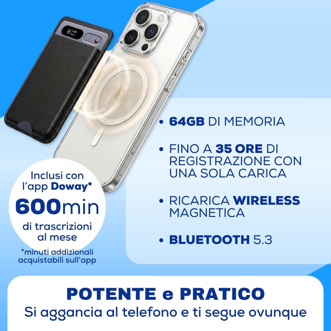SAIET AI Note Registratore Vocale Magnetico Trascrizione in 81 Lingue, 64GB | Registratore Audio Ultrasottile, Autonomia 35 ore, Compatibile iOS e Android, Converti Audio in Testo con App gratuita Doway