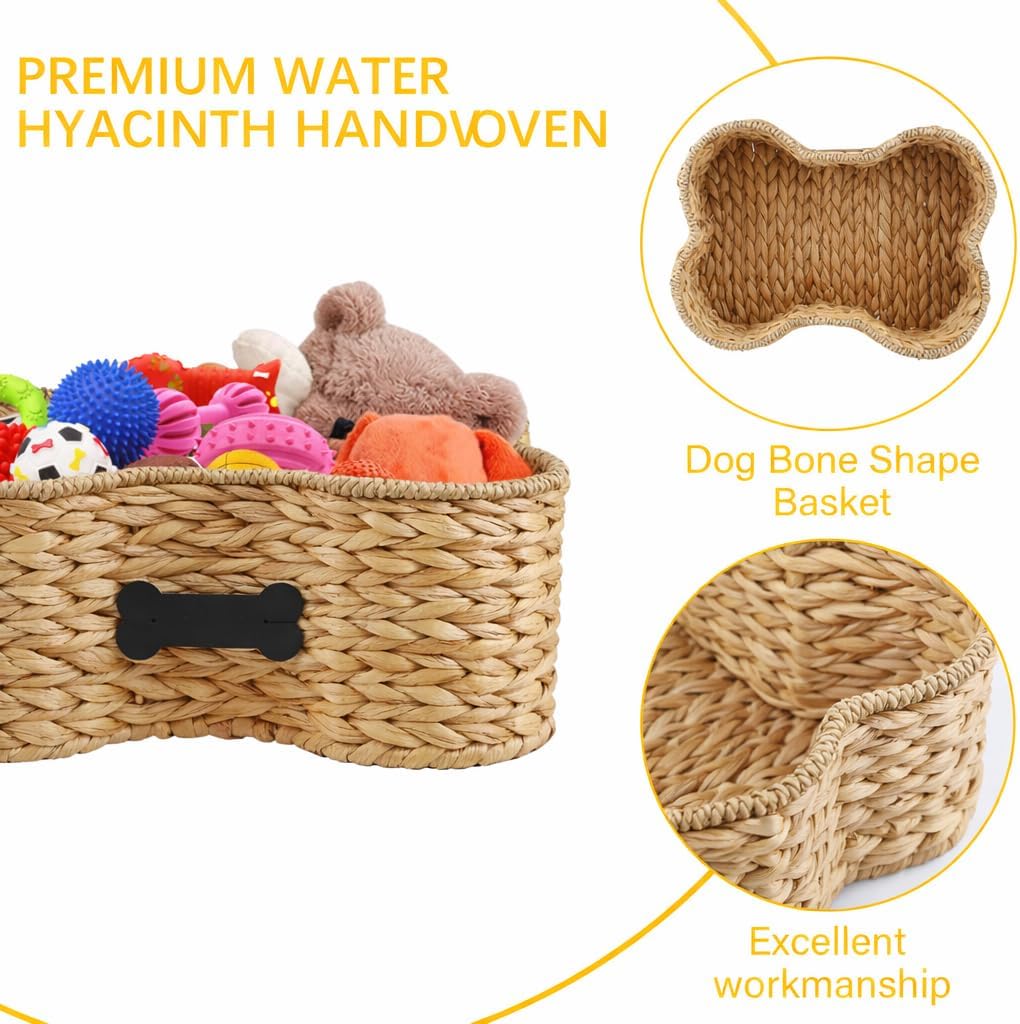 Pet Dog Toy Basket - Bone Shape Storage Bin, Personalized Organizer for Cat Toys, Wicker Holder Box for Living Room, Handmade Water Hyacinth