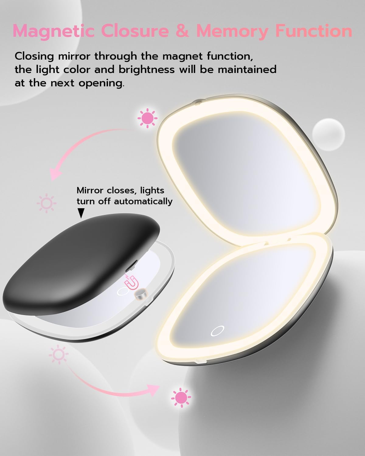 Benbilry Rechargeable Compact Makeup Mirror with 3 Light Colors and Magnification 1X / 10X, Double Light Strip Dimmable Small LED Travel Mirror for Purse, Black