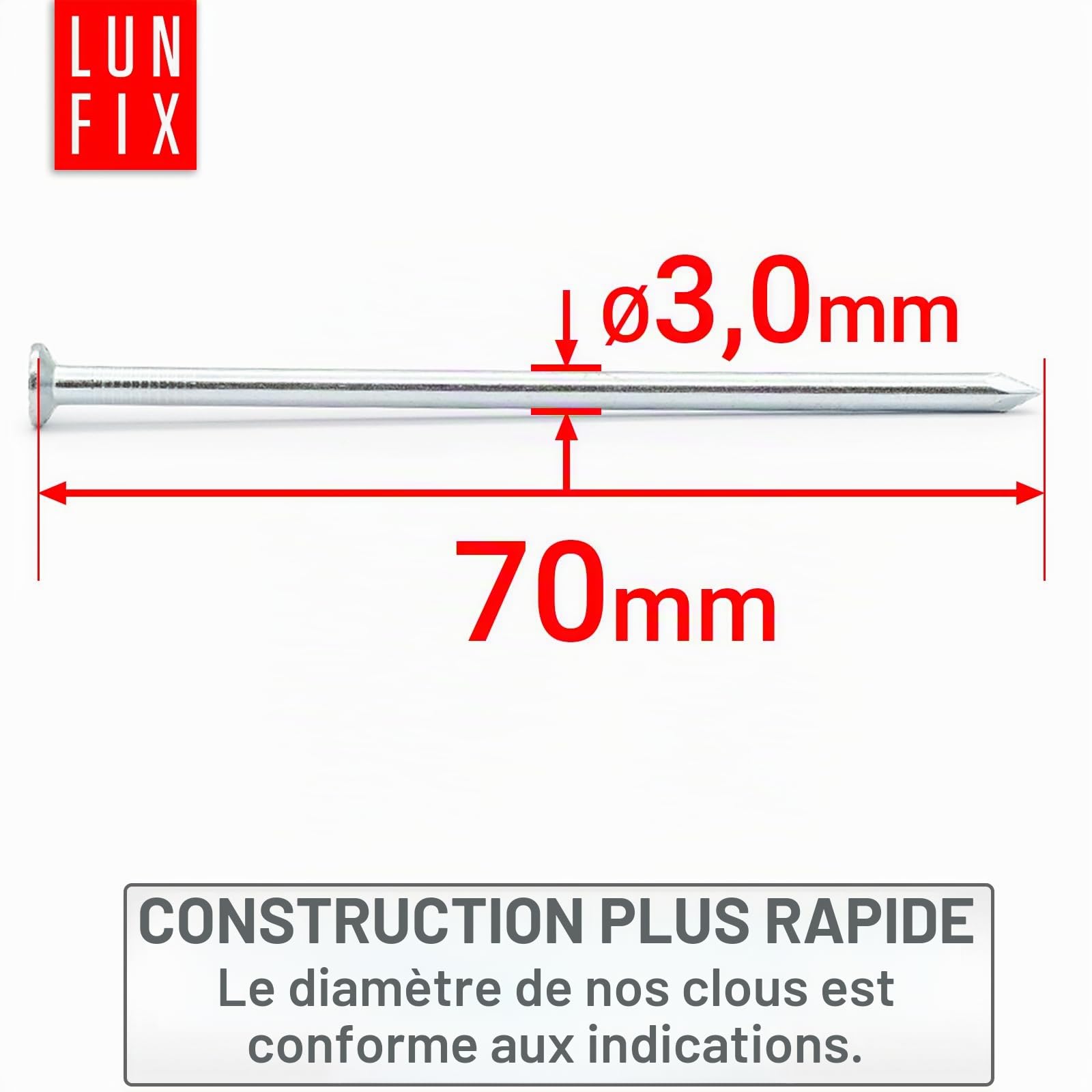 Clous en acier galvanisé à tête fraisée 3,0 x 70 mm, 5 kg, environ 1325 pièces | 70 mm de long, jeu de clous en acier pour travaux du bois, réparation et bricolage, applications polyvalentes en acier