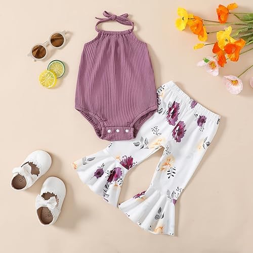 Miniatura 2 de Ropa de verano para bebé recién nacida, mameluco acanalado + pantalones acampanados a rayasfloralesvaca, para bebés de 0 a 18 meses