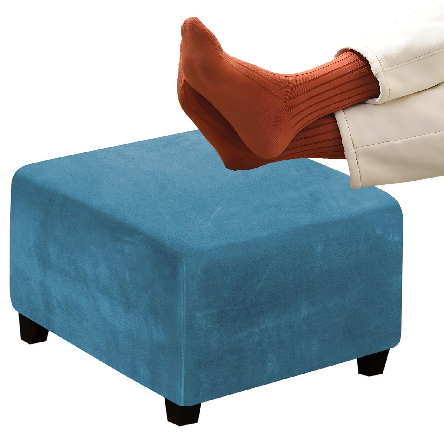 RTSFKFS Stool Covers 14/16/18/20/22/24/26/28/30/32/34/36/38/40/42/44in, Square Velvet Ottoman Covers with Stretch Thick Checked with Elastic Bottom, Removable Washable(Peacock Blue,14in/35x35cm)