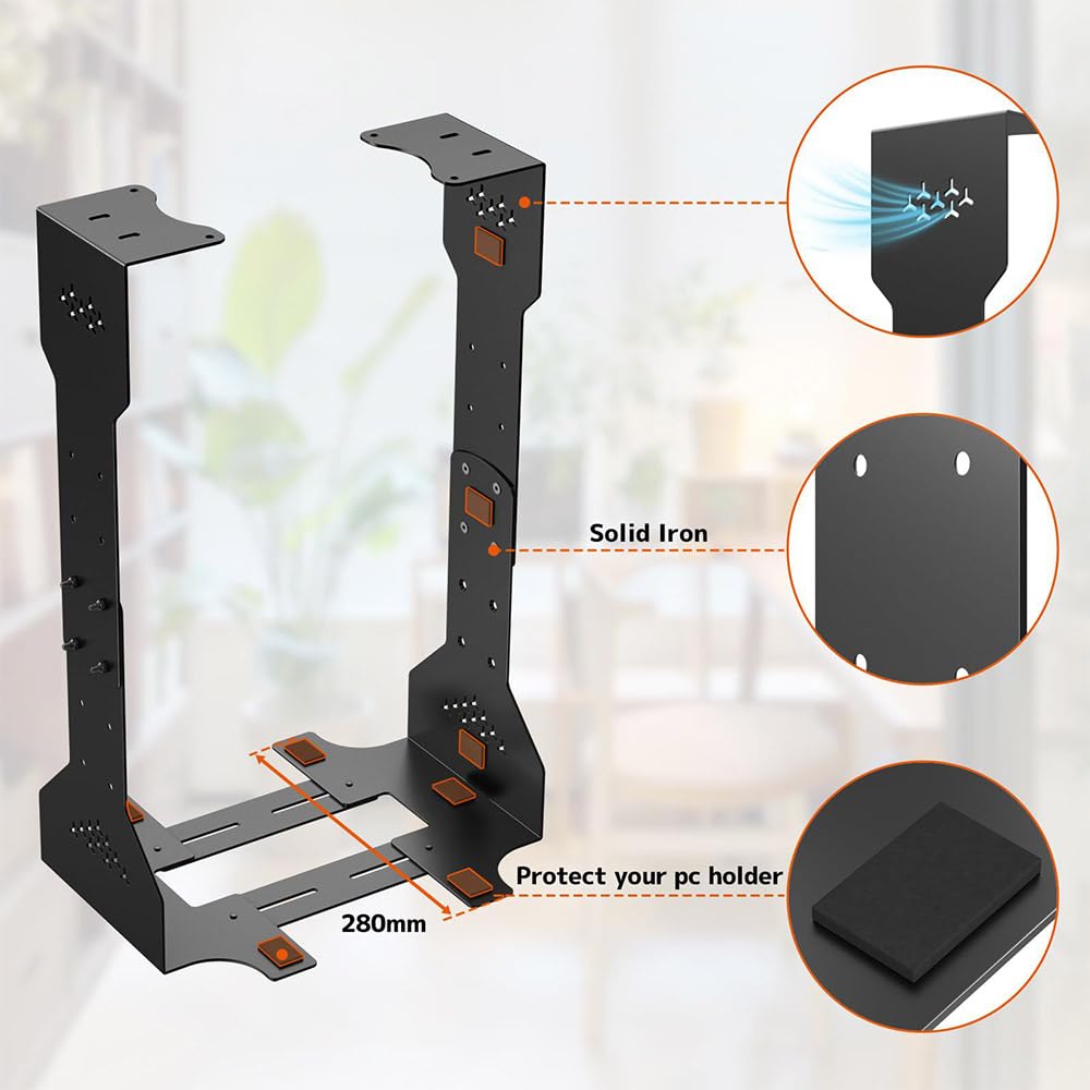 Support d'Unité Centrale sous Bureau Réglable - Charge Max 35 kg (77 lbs), Largeur Ajustable 20-34 cm (7.9-13.45"), Support PC Tour Noir pour Gamer & Bureau