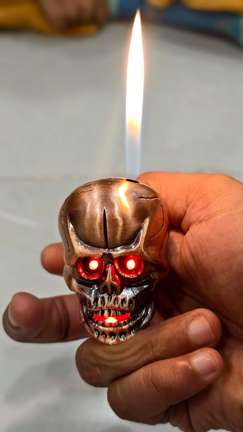 3D Skull Lighter – Premium Metal Butane Refillable Lighter with Glowing Red LED Eyes – Windproof Gothic Flame, Unique Gift for Men, Collectors & Halloween Decor (Antique Bronze)-image-6