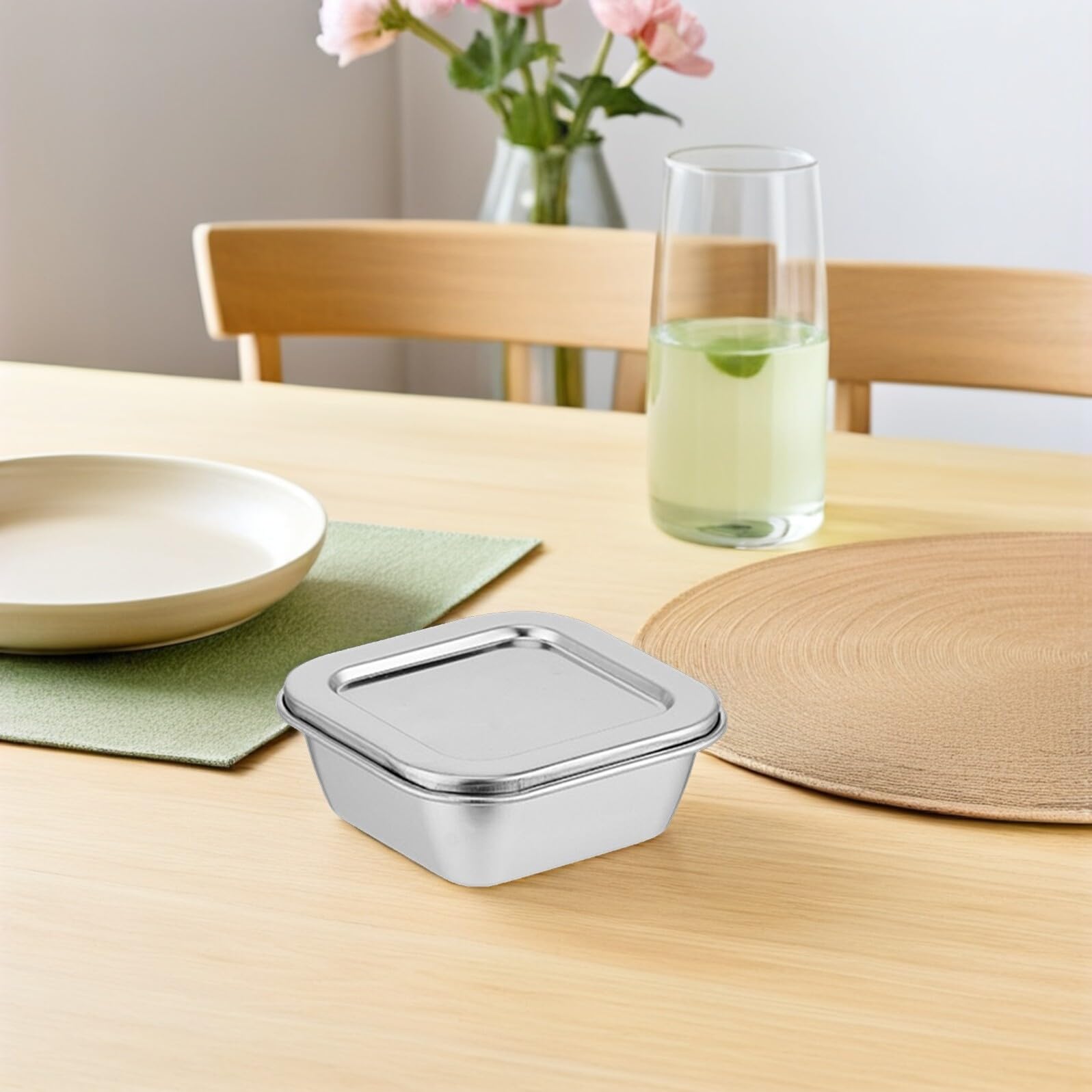 Baluue Boîte de Conservation Inox 4 Pièces pour Échantillons Alimentaires Couvercles Étanches Anti-fuite, Surface Polie, Capacité 300ml, pour Cantines Scolaires