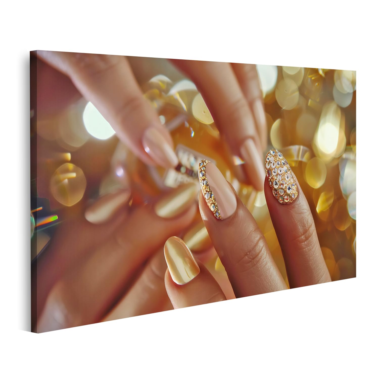 islandburner Cuadro sobre lienzo Arte de uñas dorado estilo festivo con manicura brillante, gemas brillantes salón de belleza salón de belleza/manicura salón murales Imágenes