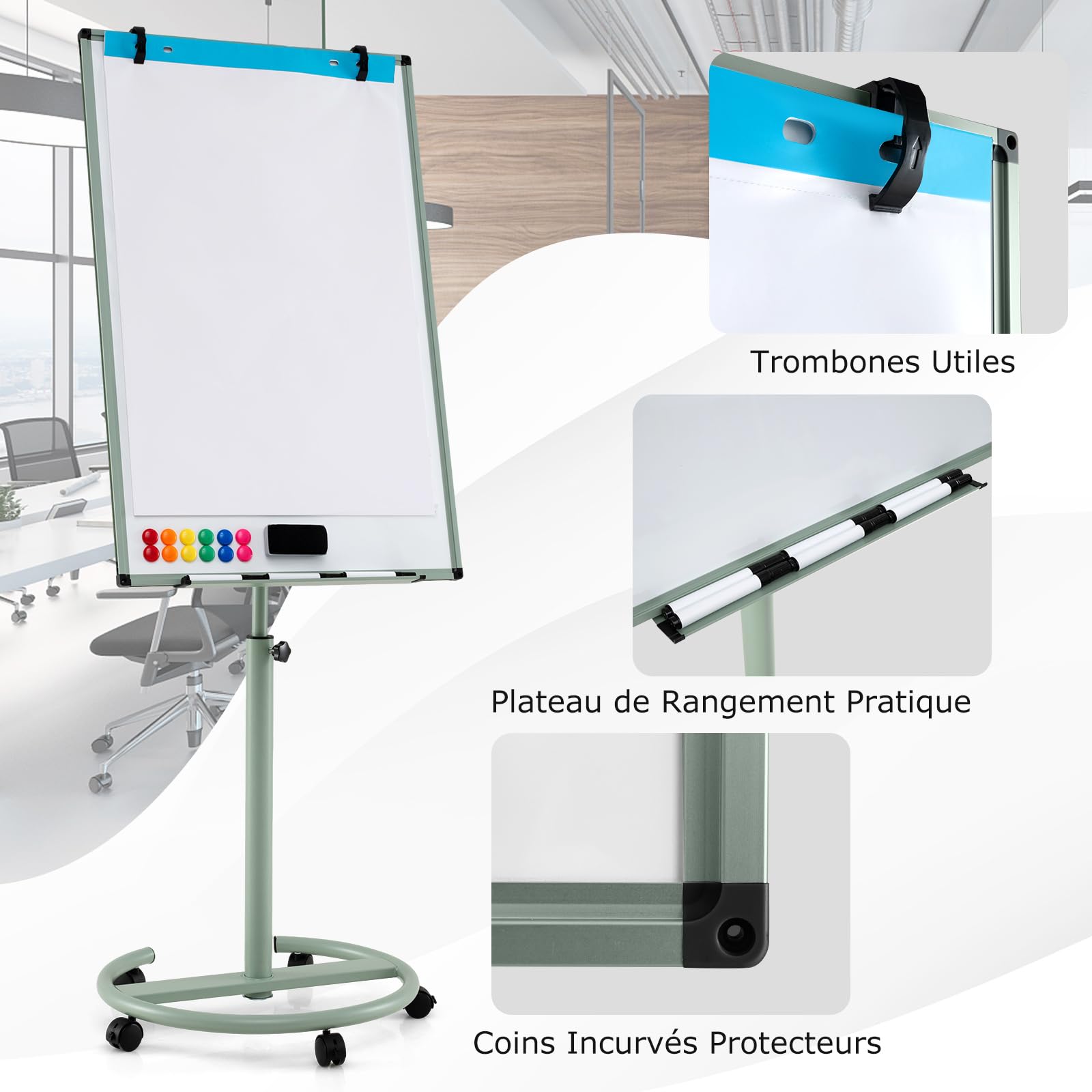 GOPLUS Tableau Blanc Effacable 65 x 100 CM, Tableau Blanc Magnetique avec Support Hauteur Réglable et 5 Roues Roulant, 1 Effaceur, 2 Crochets, 6 Marqueurs, 12 Aimants, 25 Papiers, Idéal pour Bureau