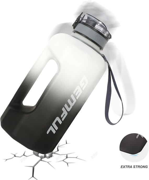 GEMFUL Half Gallon Water Bottle with Time Marker 74oz BPA-Free Leakproof Jug for Gym Workout 2.2L Large Capacity (White/Black no Straw)