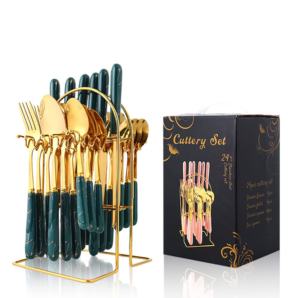 Besteckset Edelstahl mit Organizer-Tasche Reise Camping Besteck Geschirr Geschirr Set für Picknick Schule Messer Gabel Löffel Set Gold (12 Sets mit 48 Stück) Grün