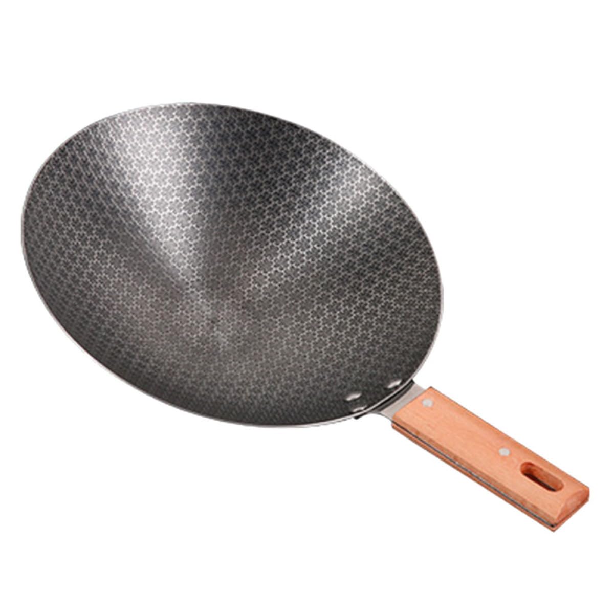INOOMP Wok da Cucina Piccolo Stile Giapponese Fondo Tondo Ferro | Manico in Legno, Adatto All’uso Esterno, Stabile e Facile da Pulire, Linee Semplici e Forma Rotonda