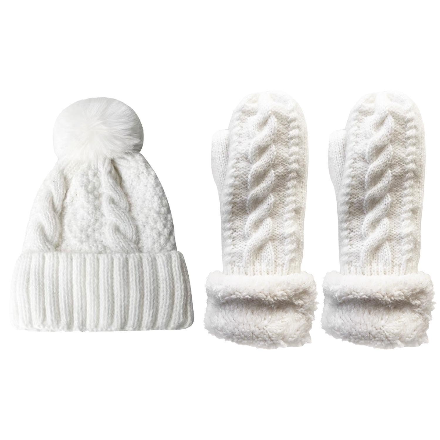 Wufgwbd Unisex White 1 Pair Of Knitted Gloves And 1 Cute Woolen Hat, Simple And Versatile Hat, Women's Knitted Hat, Fleece Gloves, Winter Warm Products