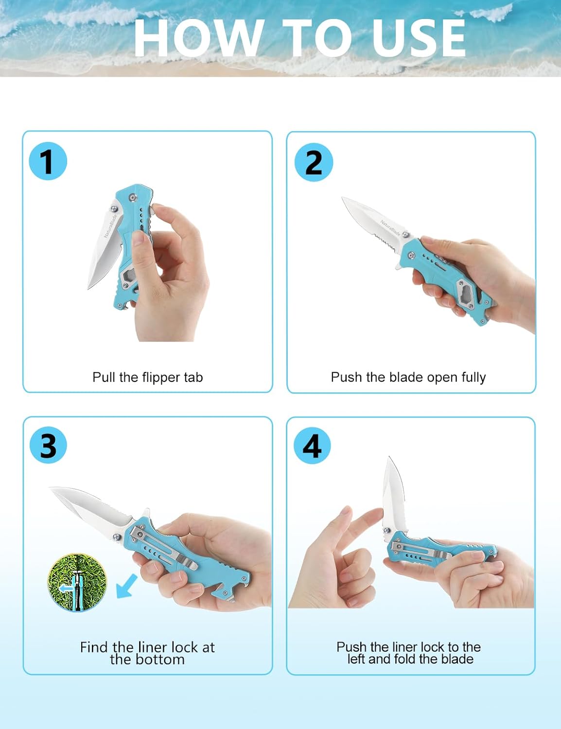 Blue Folding Knife 3" Serrated Blade 440 Steel,EDC Pocket Knife with Seatbelt Cutter,Lightweight Outdoor Gift for Camping Hiking Men Women