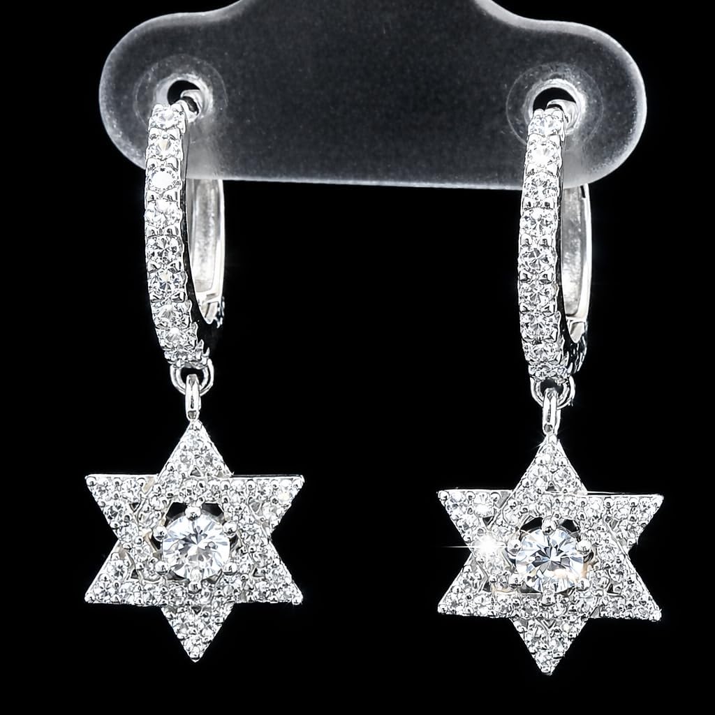 925 Sterling Silver CZ Huggie Dangle Star of David Earrings for Women