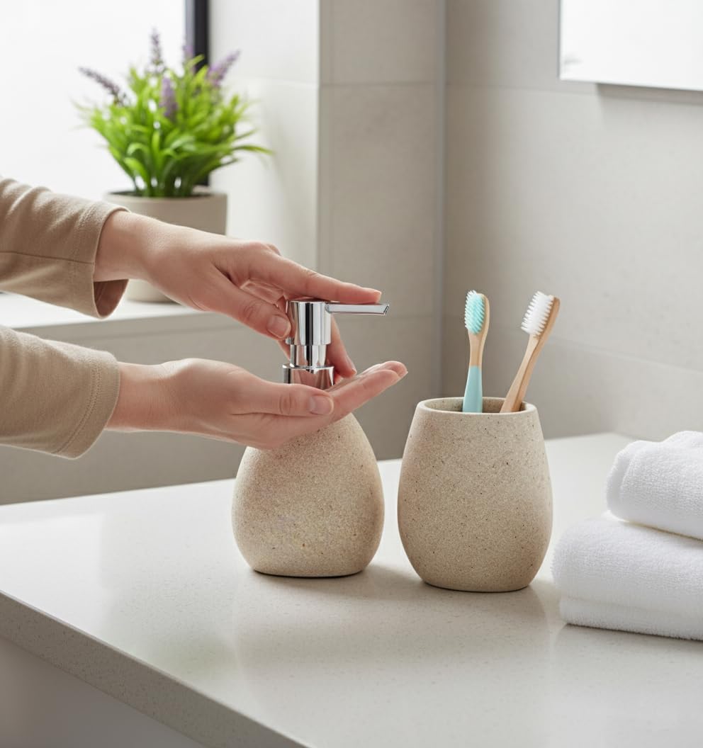 Juego Accesorios de Baño Color Arena, Kit de 3 Piezas, Set de Baño Completo, Conjunto Accesorios para Cuartos de Baño Modernos