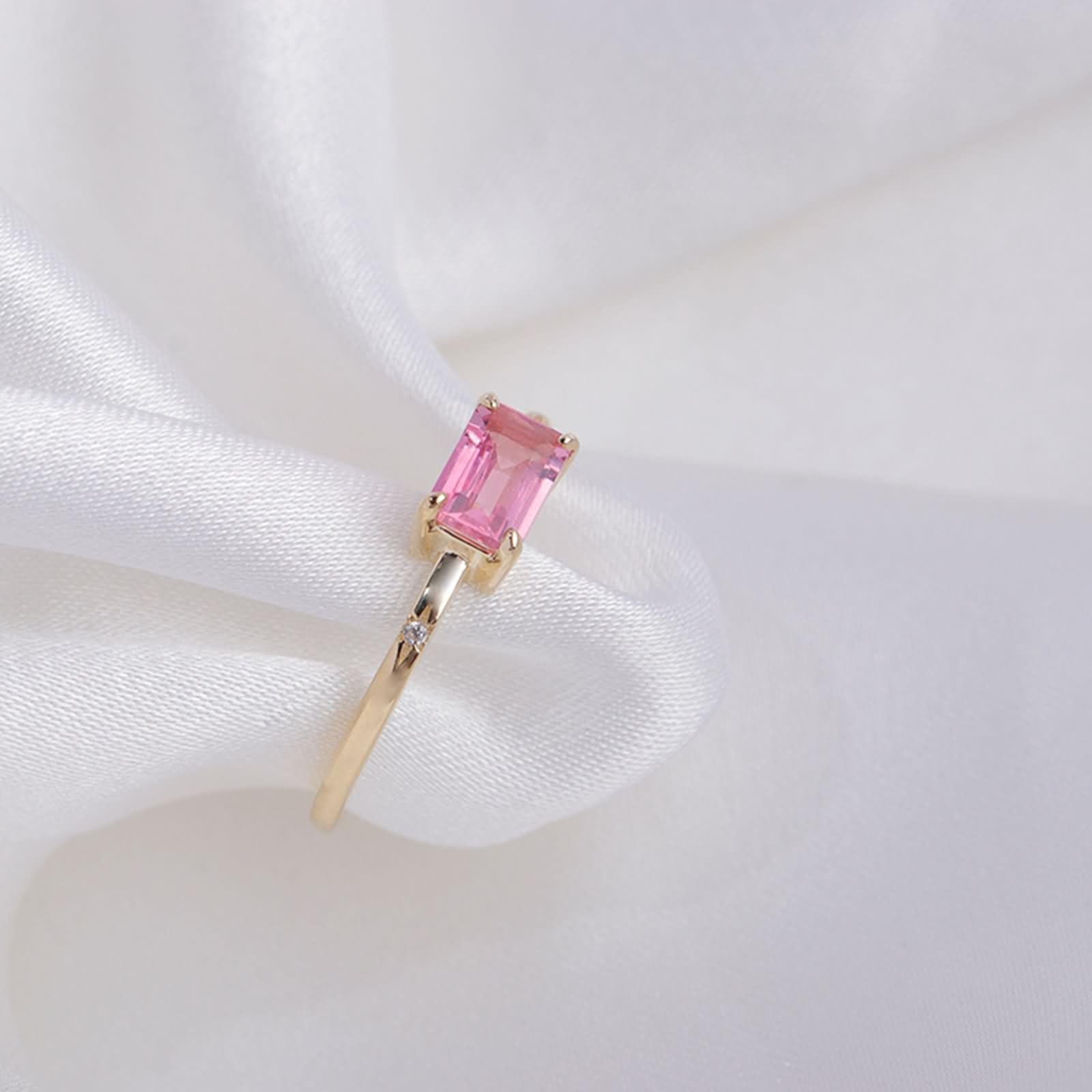Anillos de Compromiso de Mujer Rectángulo con Turmalina Creada y Moissanita, Anillo de Matrimonio Oro Amarillo 9K/14K/18K de Mujer, Oro